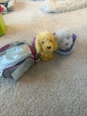 Cute American Girl Plush Puppy Pair with Carrying Case - Yellow & Light Gray